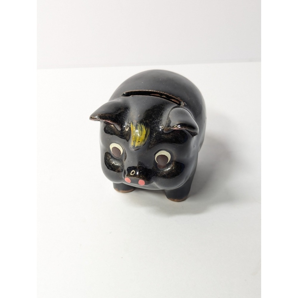 Small Collectible Vintage Hand Painted Black Glazed Ceramic Pig Piggy Bank JAPAN